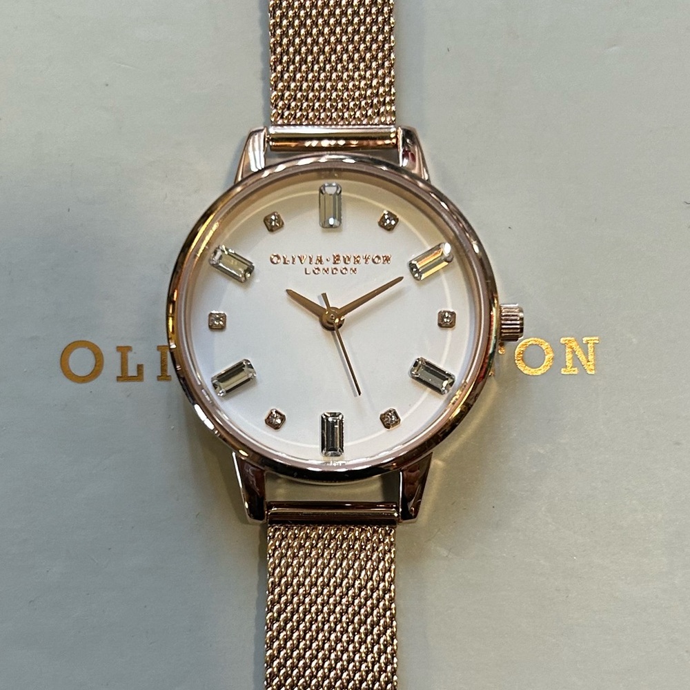 OLIVIA BURTON Rose Gold Mesh Bracelet Watch with White Dial